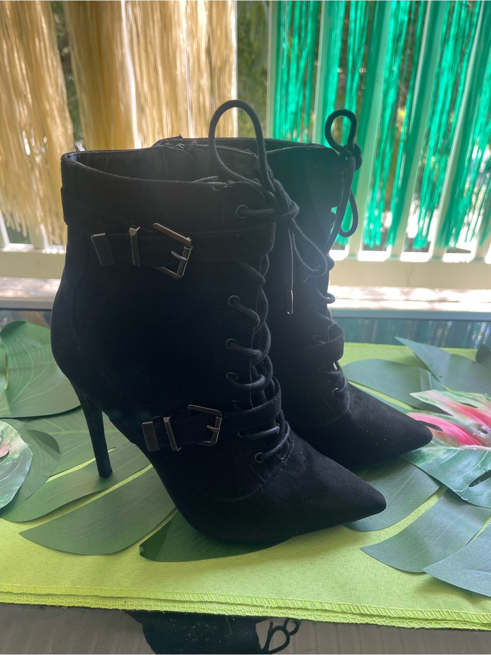 Shoe Dazzle Black Lace-Up Pointed Toe Stiletto Ankle Boots